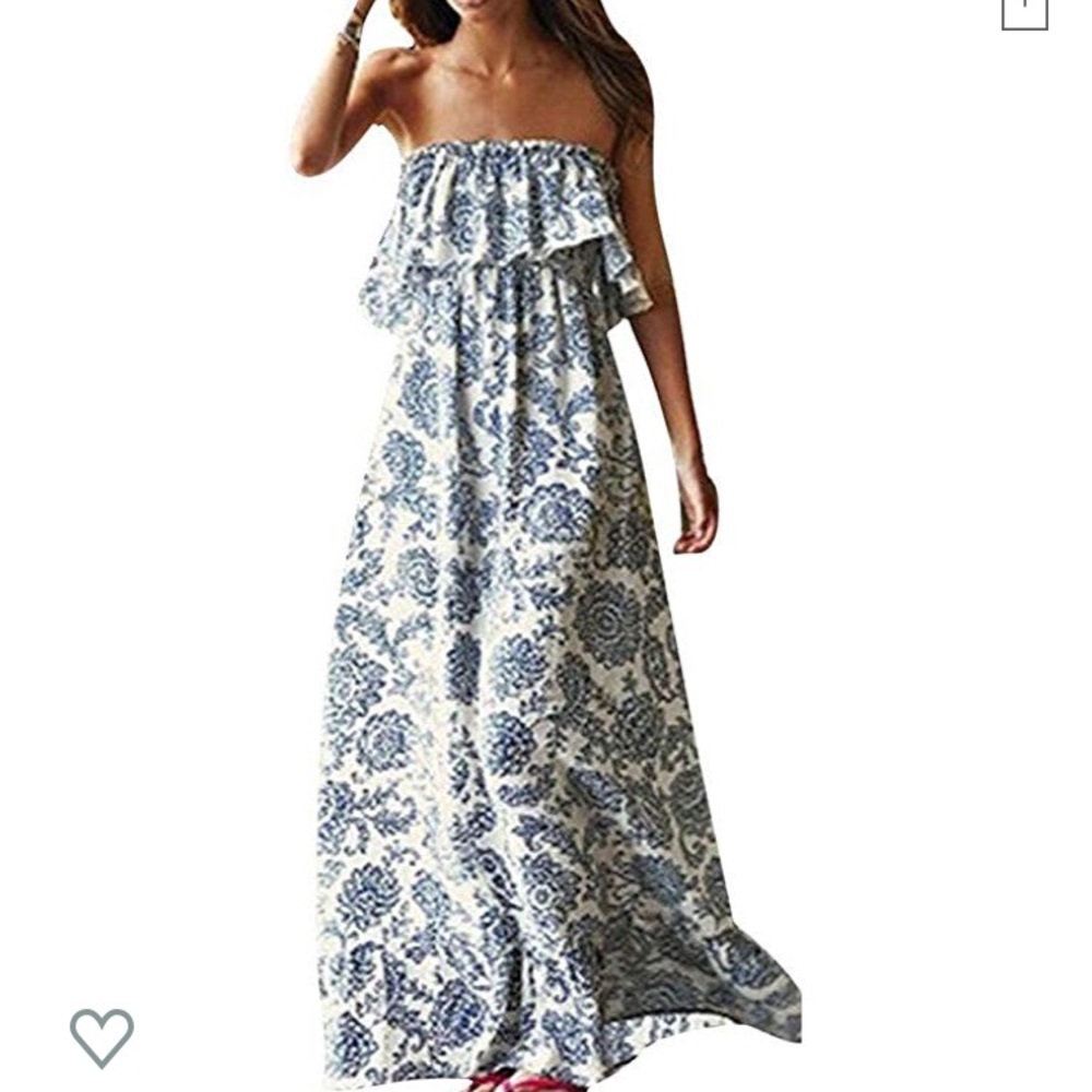 Blue and White Strapless boho maxi dress